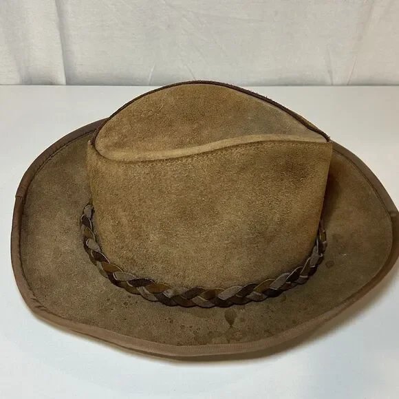 Vtg Henschel Skullys Braid Suede Hat LG Cowhide Leather Outback Bush USA Cowboy - Picture 4 of 8